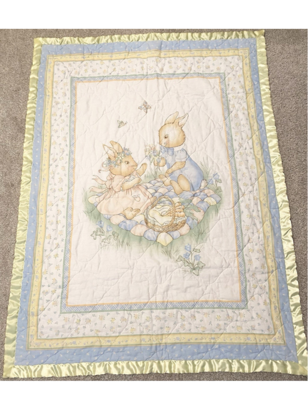 Vintage Baby Crib Quilt Bunny Rabbit Picnic Satin Trim 33x44 Pastel Nursery